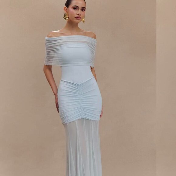 Meshki Off Shoulder Best Seller Maxi Dress- Pale Blue - Picture 1 of 3